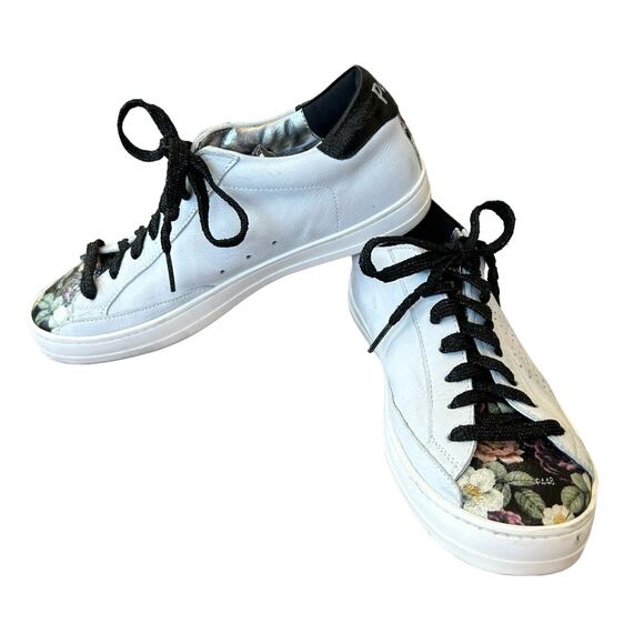 P448‎ Sneakers Womens Size 37 EU 7 US Gray Floral Leather Low Top Lace Up Italy - Picture 1 of 14